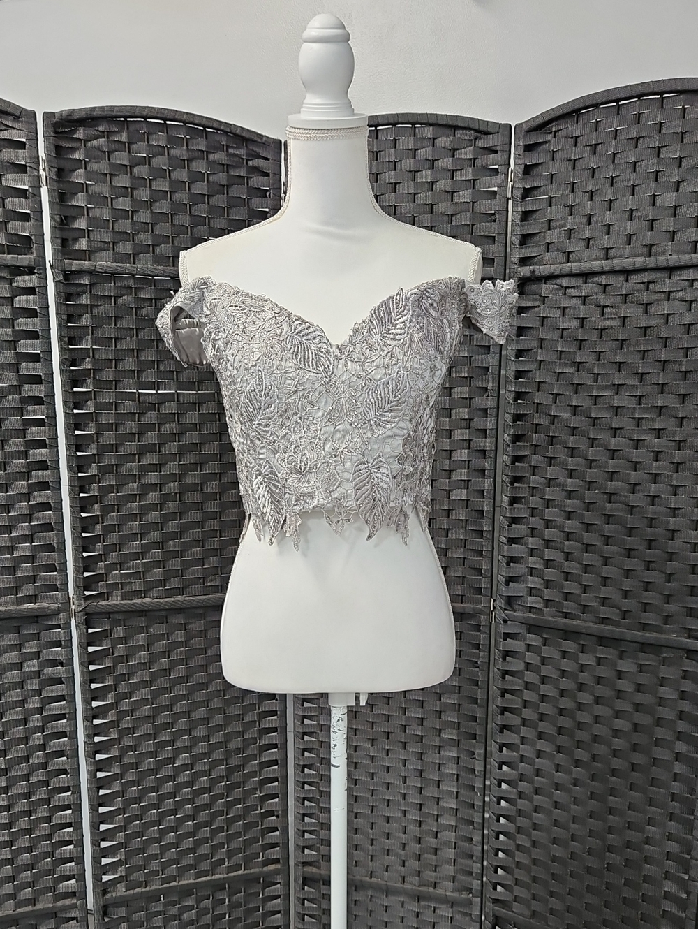 Dave & Johnny Silver Off-Shoulder Lace Appliqué Crop Top